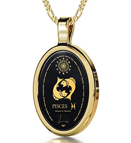 Collar del zodiaco en oro de 14ct - Joya del signo zodiacal Piscis con símbolos, mapa astral y personalidad inscritos en oro 24ct sobre gema de ónix - Regalo diferente de cumpleaños