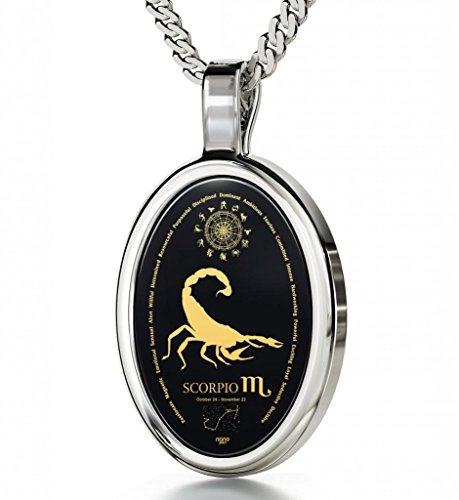 Collar zodiacal de Escorpio en plata - Joya con signo del zodiaco, símbolos y características inscritos en oro 24ct sobre dije de piedra semipreciosa de ónix - Ideas diferentes para regalar