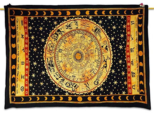 Cristales de sanación de la India: Decoración de Mesa, Pared, Cama con tapicería de Estampado de astrología, Estilo étnico Color Negro