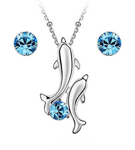Crystalline Azuria Mujer 18ct Chapado en Oro Blanco Cristales Delfines Juego de joyas Azul Aguamarina simulada Collar con Colgante 45 cm Pendientes de aro
