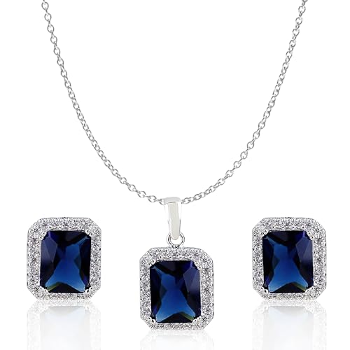 Crystalline Azuria Mujer 18ct Chapado en Oro Blanco Juego de joyas Zafiro simulado Azul Cristales de Zirconia Collar con Colgante 45 cm Pendientes