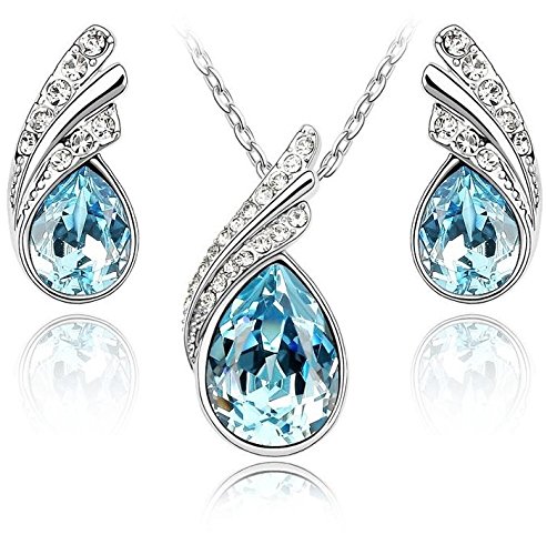 Crystalline Azuria Mujer 18ct Chapado en Oro Blanco Lágrimas Cristales Azul Aguamarina simulada Juego de joyas Collar con Colgante 45 cm Pendientes para Mujer Niña Boda Novia y Dama de honor