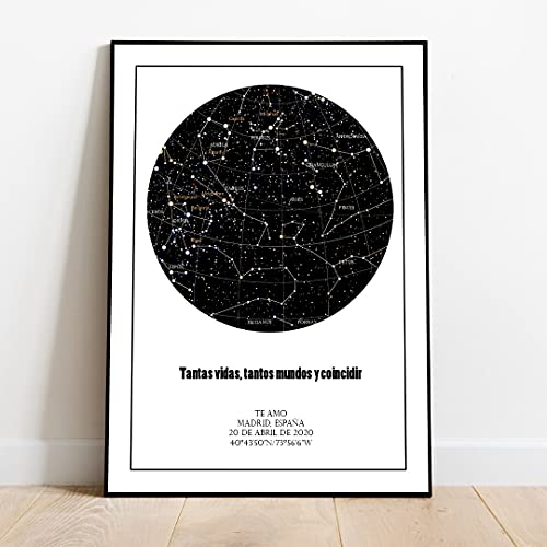 Cuadro Mapa Estelar Personalizado. Mapa de estrellas con tu fecha y posición. Regala un trozo de cielo. (20x30cm)