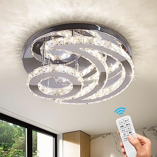 CXGLEAMING 15.7" Lámpara de techo LED de cristal moderna plafón led de techo empotrado lampara de araña luna redonda regulable Luz de techo para salon dormitorio baño comedor(control remoto)