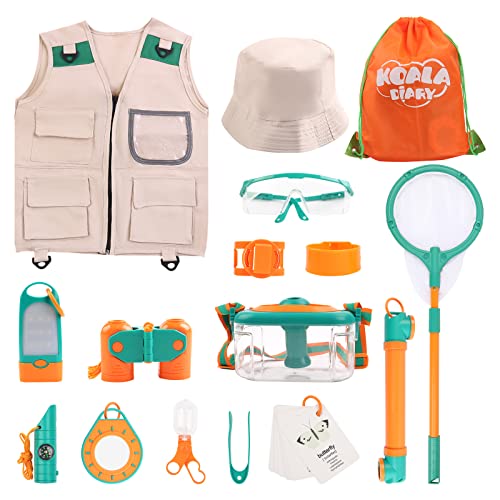 deAO Kit de Exploración para Niños, Juego de Explorador 22 PCS Kit de Explorador al Aire Libre(Chaleco Sombrero Binoculares Brújula Lupa Linterna), Set de Aventura Natural para Camping y Senderismo