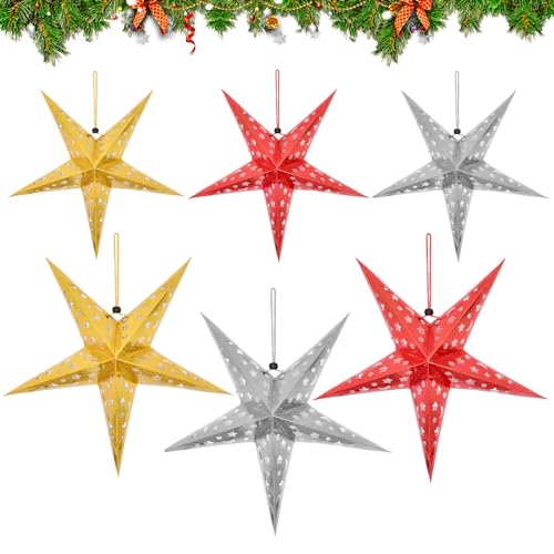 DEARBAG 6 Piezas Estrellas de Papel Navidad, Linterna Estrella Papel, Estrellas de Papel 3D de 30 cm y 45 cm, Adornos para árbol de Navidad, Decoraciones para Navidad, Boda, Fiesta