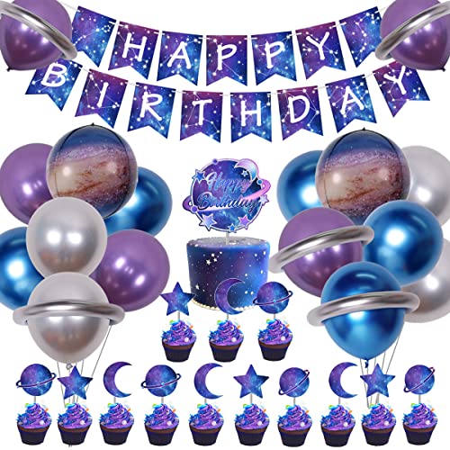 Decoración fiesta cumpleaños galaxia para niños, espacio exterior, cielo estrellado, tema feliz cumpleaños, pancarta, globos metálicos, decoración para tarta planeta, para fiesta del sistema solar