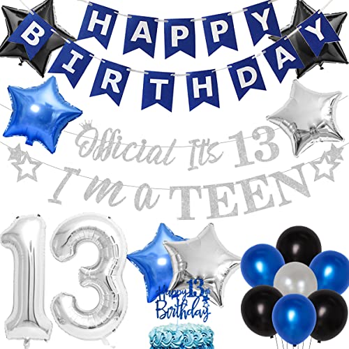 Decoración fiesta cumpleaños número 13 niños, azul y plateado, suministros cumpleaños oficiales adolescentes, pancarta cumpleaños, guirnalda oficial adolescentes, decoración tartas, número 13 globos