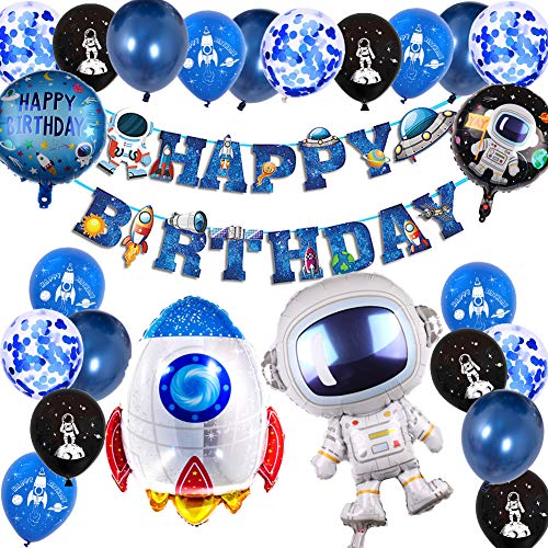 Decoraciones de fiesta de cumpleaños con temática del espacio exterior para niños, globos de aluminio de cohete espacial, temática de astronauta, pancarta de feliz cumpleaños