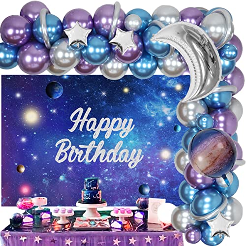 Decoraciones de fiesta de cumpleaños de galaxia, kit de arco de guirnalda de globos del espacio exterior con telón de fondo de feliz cumpleaños, luna y estrella, globos de aluminio para niño o niña