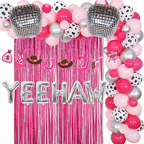 Decoraciones de fiesta de vaquera espacial YEEHAW, Kit de guirnalda de globos de despedida de soltera, cartel de vaquera de discoteca, guirnalda de oropel rojo rosa, decoraciones de fiesta