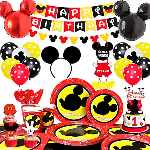 Decoraciones para Fiestas Tematicas de Mickey Mous-131pcs Suministros de Fiesta de Cumpleaños de Mickey Mouse, Globos Mickey Pancarta Mantel Platos Tazas etc Mickey Party Vajilla&Decoracion para Niños