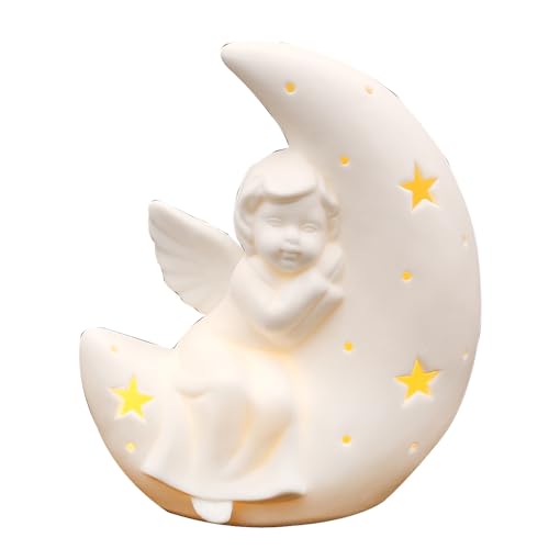 Dekohelden24 Porcelana LED Luna con Figura de ángel en Blanco, 10,8 x 6,2 x 12,7 cm.
