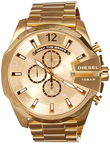 Diesel Reloj para hombre Mega Chief, movimiento cronógrafo de cuarzo, caja de acero inoxidable dorado de 51 mm con correa de acero, DZ4360