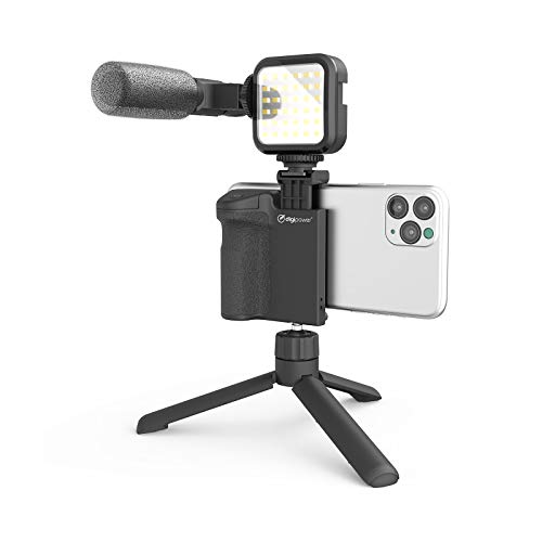 DigiPower Kit de Vlogging Follow Me con luz LED de vídeo + micrófono + Soporte para teléfono móvil + Mini trípode Compatible con Smartphones TikTok, Youtube, Streaming en Directo y reuniones