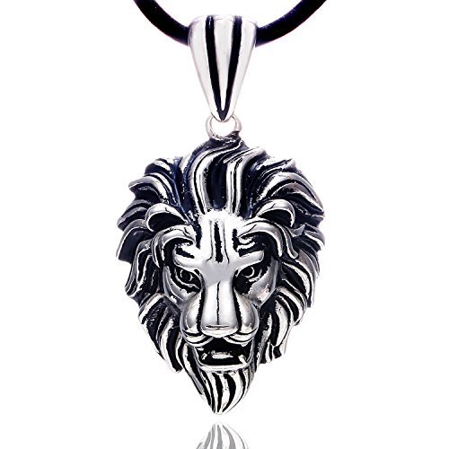 DonDon Collar de Cuero para Hombre 50 cm con Colgante de Acero Inoxidable Leo leòn