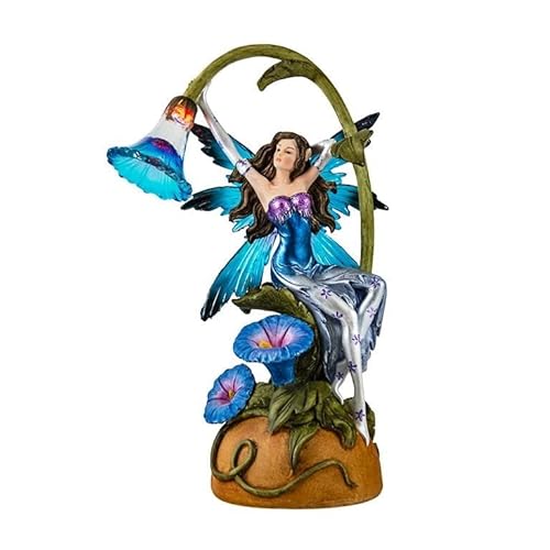 DRW Figura Hada NINFA Azul con luz sobre una Flor de Resina Pintada a Mano 8x10x22 cm
