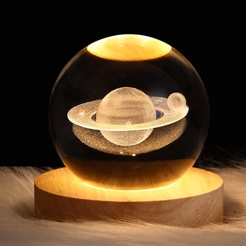 DRYFAL Lámpara de noche de bola de cristal de Saturno 3D para niños, bola de vidrio con base de madera, decoración de fantasía, bola crsytal Saturno LED Nightlight regalo decoración de dormitorio