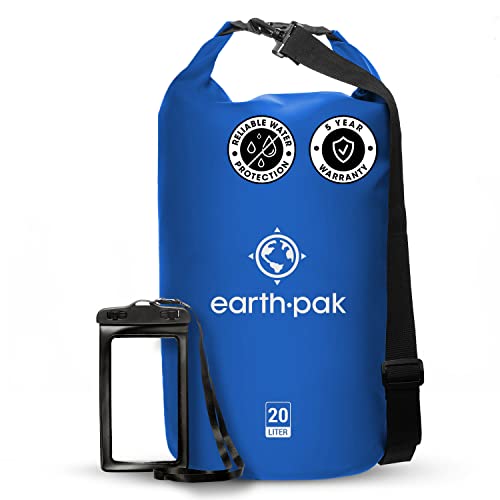 Earth Pak – Bolsa Impermeable con Funda Impermeable para teléfono móvil - Mantiene el Equipo seco para Kayak, Playa, Deportes, Rafting, Acampada, Senderismo y Pesca (Azul, 55L)
