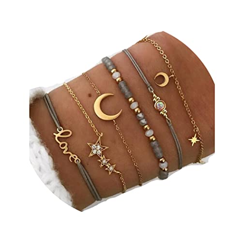 Edary Juego de pulseras de estrella y luna con cristales dorados personalizados, cadena hecha a mano, con cuentas para mujeres y niñas (6 unidades)
