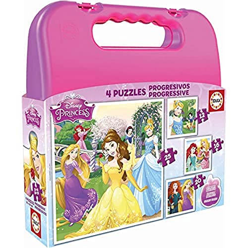 Educa - 4 Puzzles Infantiles Princesas Disney | Maleta con 4 Puzzles progresivos | Puzzles recomendados para niños a Partir de 3 4 y5 años (16508)