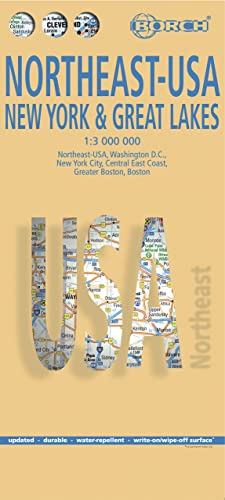 EE.UU. Noreste - Estado de NY & Grandes Lagos, mapa de carreteras plastificado. Escala 1:3.000.000. Borch.: Washington DC, New York City, Central East Coast, Greater Boston, Boston (Borch Map)