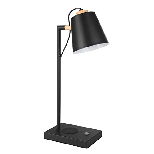 EGLO LED lámpara de mesita de noche Lacey, luz de velador con control tactíl y función de carga QI, madera en natural con metal en negro y crema, iluminación de dormitorio blanco-cálido