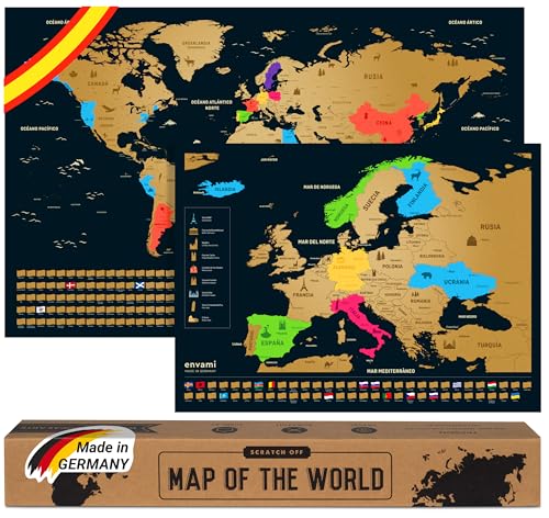 envami® Mapa Mundi Rascar - Español - Más el mapa de Europa - Mapas del Mundo para Marcar Viajes - 68 X 43 CM - Plata - Scratch Off Travel Map