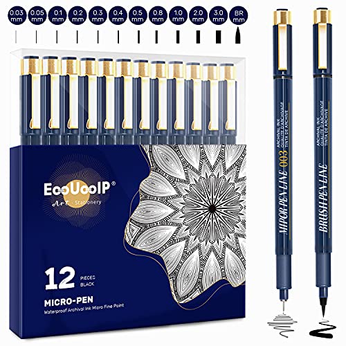 EooUooIP Rotuladores fineliner con puntas surtidas, 12 bolígrafos negros con micro delineador (0,03 mm-3 mm), bolígrafos de dibujo técnico, bolígrafos de ilustración