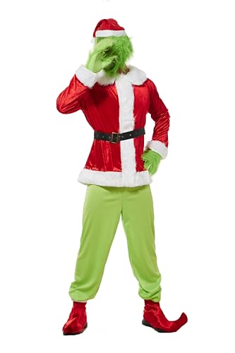 EraSpooky Traje de Monstruo Verde de Papá Noel para Hombre Adulto, Ropa de Papá Noel, Cosplay de Navidad