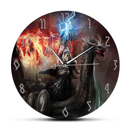 ERICC Reloj de pared con temática de mitología nórdica, diseño de dragón: trueno, dios vikingo, reloj de pared Asgard
