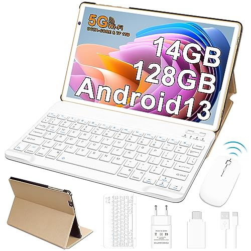 FACETEL Tablet 10 Pulgadas Android 13 Tablet Octa-Core 14GB RAM 128GB ROM(1TB TF), 5G WiFi | 8000mAh | 5MP+8MP | HD IPS | Bluetooth 5.0 | Navidad Tablet con Teclado y Raton - Cuerpo de Metal Oro