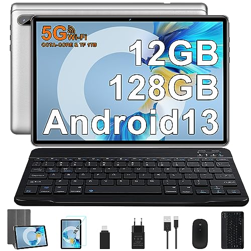 FACETEL Tablet 10 Pulgadas Android 13 Tablet Octa-Core 2.0 GHz, 12GB RAM + 128GB ROM (1TB TF) | 5G WiFi | Bluetooth 5.0 | Cámara 5MP+8MP | HD IPS | Navidad Tablet con Teclado y Raton, Funda - Plateado