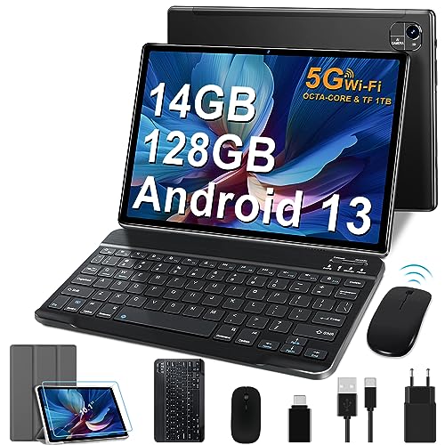 FACETEL Tablet 10 Pulgadas con Android 13 Tablet, 14GB RAM + 128GB ROM (TF 1TB) Octa-Core 2.0 GHz | 5G WiFi | 8000mAh | Bluetooth 5.0 | AGPS | 5 MP + 8 MP | Navidad Tablet con Teclado y Raton - Negro