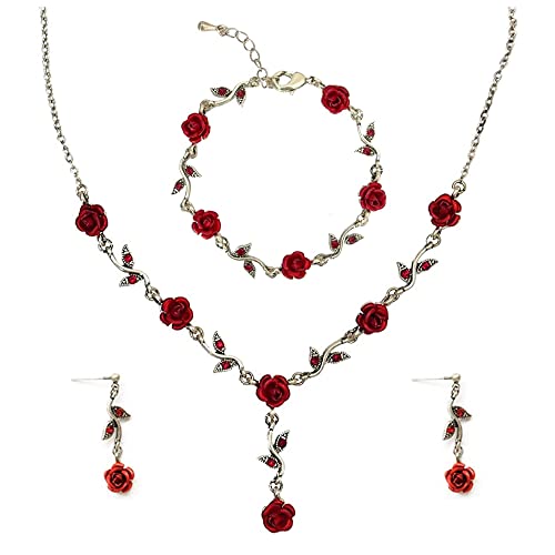 FDEETY Mujer oro de 18k Conjunto de joyas de rosa roja Pendientes colgantes Pendientes de botón Collar de flores Pulsera con dijes Pendientes colgantes Regalo para fiesta de cumpleaños Boda (Rojo)