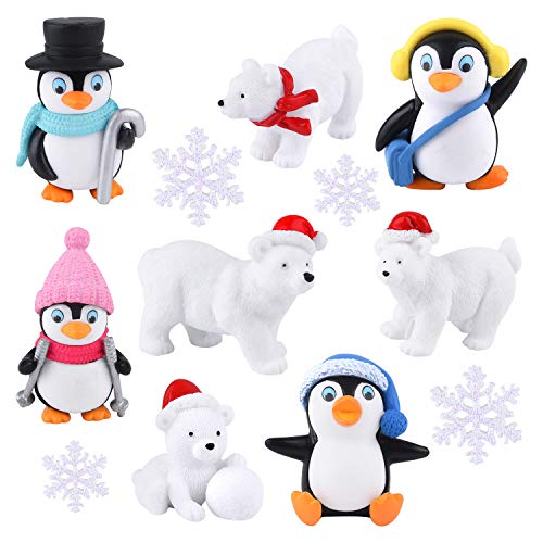 FEPITO 12 Unids Resina de Invierno Pingüino Oso Polar Copos de Nieve Miniatura Figura de Juguete Mini Figuras de Navidad para DIY Jardín Decoración para el hogar Adornos de Navidad