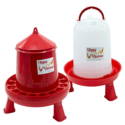 FINCA CASAREJO Pack Comedero y Bebedero con Patas para Gallinas y Otras Aves - Comedero y Bebedero Happy Chickens 8 kg y 10 L - Plástico Resistente - Incluye Guía Práctica de Alimentación de Gallinas