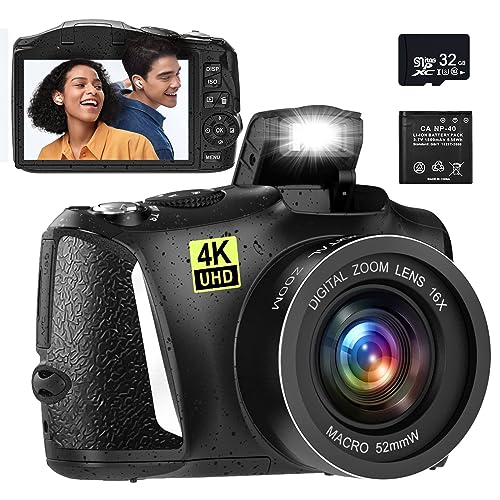 Fine Life Pro Cámara digital 4K, cámara de fotos de 48 MP con tarjeta SD de 32 GB, con enfoque automático, zoom digital de 16X, pantalla de 3,0 pulgadas, cámara de vlogging para fotografía