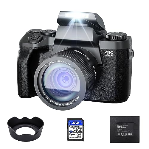 Fine Life Pro Cámara digital4K,cámara réflex de 64MP,cámara de formato completo,fotografía con doble cámara compacta,incluye objetivo fijo de 52mm,pantalla táctil de 4,0pulgadas,tarjeta SD 64GB,Negro