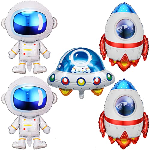 Finypa 5 globos de aluminio con diseño de cohete espacial, diseño de astronauta, globos de Mylar grandes con temática del espacio exterior, decoración de fiesta de cumpleaños, baby shower