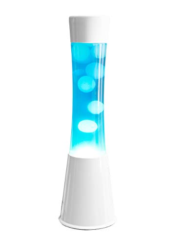Fisura - Lámpara de lava blanca y azul años 70. Base color blanco, líquido azul y lava blanca. Lámpara efecto relajante. Medidas: 11 cm x 11cm x 39,5 cm.