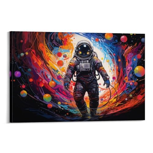FOCCAR Coloridas pinturas de astronauta sobre lienzo, arte de pared, traje espacial, fondo abstracto, impresiones en lienzo, decoración de pared para decoración del hogar