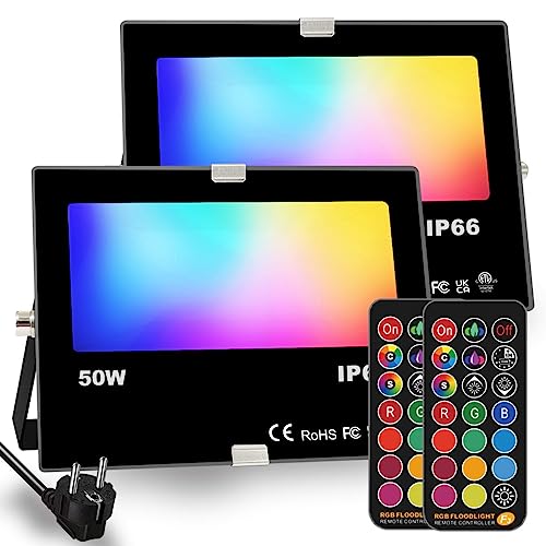 Foco LED RGB Exterior, cambio de color 50W, modo estroboscópico personalizado para bricolaje, RGB 12 colores, temporización, control remoto incluido, IP66 a prueba de agua