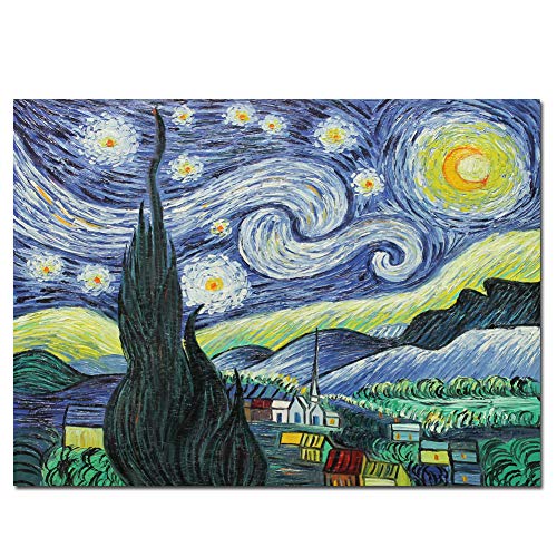 Fokenzary Pintura al óleo pintada a mano sobre lienzo de Vincent Van Gogh, reproducción clásica de noche estrellada, decoración de pared enmarcada lista para colgar (60 x 80 cm)