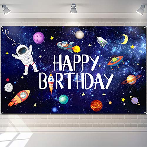 Fondo Fotográfico de Happy Birthday de Espacio Exterior Pancarta de Cohete Astronauta Telón de Foto de Astrología Astronomía Planeta Galaxia para Cumpleaños de Niños Telón de Foto de Fiesta