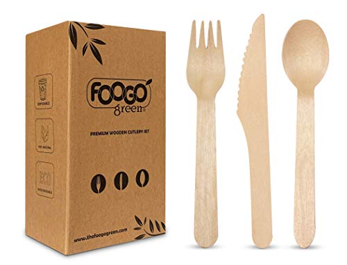 FOOGO Green Juego de cubiertos desechables de madera | 25 tenedores, 25 cucharas, 25 cuchillos | biodegradables | Juego de cubiertos ecológicos | pícnic de fiesta