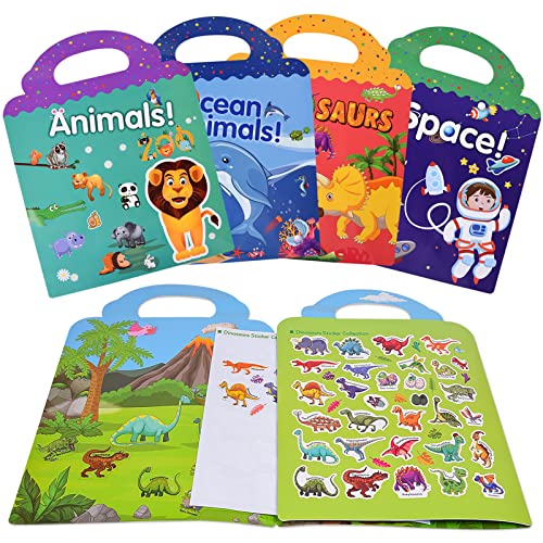 FORMIZON 4 Juegos de Libros de Pegatinas, Libros de Pegatinas Reutilizables, Niños Animal Oceano Y Dinosaurios Juguetes Educativos con Pegatinas, Stickers Infantiles Juguetes Para Niños De 3 a 6 Años