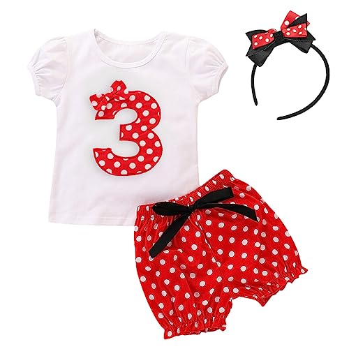 FYMNSI Conjunto de ropa de 3 piezas para bebé, para niñas de 1, 2, 3, 4 y 5 cumpleaños, diseño de Minnie con lunares, Rojo 3, 2-3 Años
