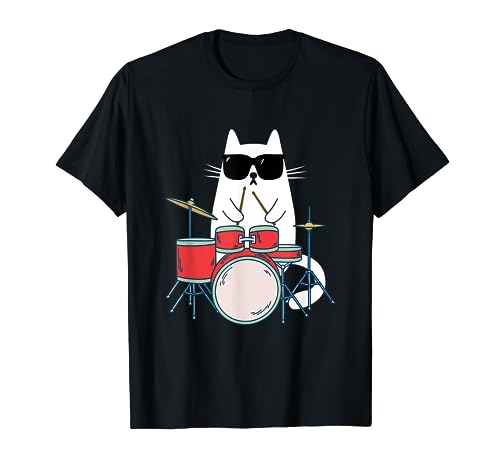 Gato Gracioso con Gafas de Sol de Músico Batería Percusión Camiseta