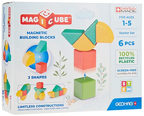 Geomag - Magicube 1+ Shapes - Magnetic Blocks for Kids - 4 Colours and Shapes - 6 Cubes – 100 Percent Recycled Plastic